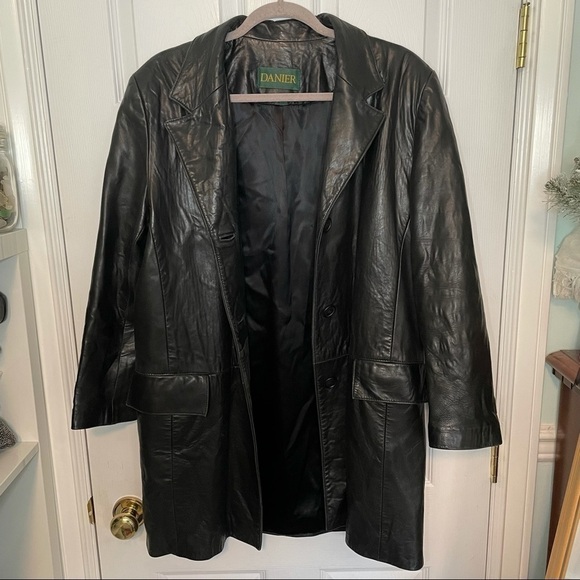 DANIER Vintage Y2K Black Leather Long Button Boyfriend Fit Trench Coat Large - Picture 1 of 7